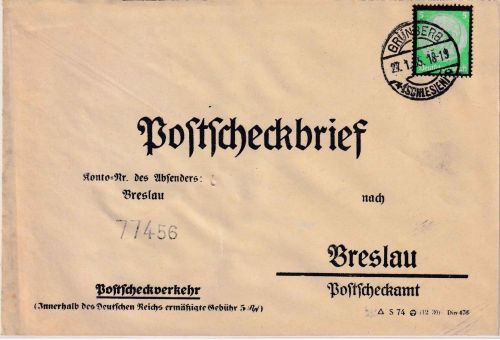 DR - 5 Pfg. Hindenburg/Trauer Postscheckbrief Grünberg - Breslau 1935