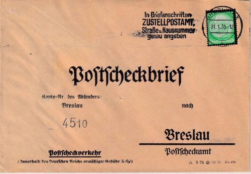 DR - 5 Pfg. Hindenburg/Trauer Postscheck-Ortsbrief Breslau 1935