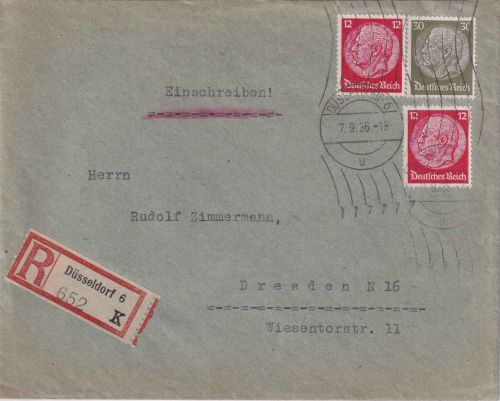 DR - 30+2x12 Pfg. Hindenburg Einschreibebrief Düsseldorf 6 - Dresden 1936