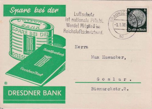 DR - Braunschweig 1939 Werbekarte Dresdner Bank n. Goslar