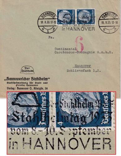 DR - Hannover 1933 Stahlhelmtag Masch.werbestpl. Ortsbrief "Hann. Stahlhelm"
