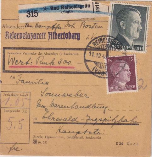 DR - 1 RM + 15 Pfg. AH Wertpaketkarte (Lazarett !) Reiboldsgrün 1942