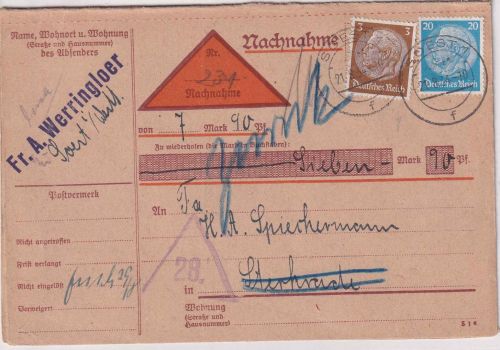 DR - 20+3 Pfg. Hindenburg Nachnahmedrucksachenkarte Soest 1934 Retour