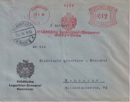 DR - Hannover 1936 12 Pfg. AFS "Gilde-Bräu" Antwortkuvert v. Frankfurt a/M.