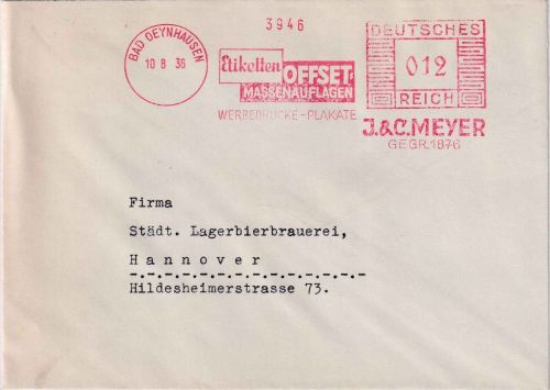 DR - Bad Oeynhausen 1936 12 Pfg. AFS "Meyer Druckerei" Brief n. Hannover