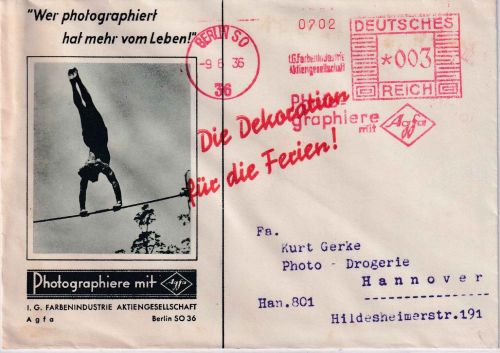 DR - Berlin SO36 1936 3 Pfg. AFS "IG Farben Agfa" illustr. Drucksachenbrief