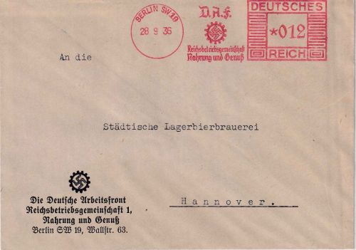 DR - Berlin SW19 1936 12 Pfg. AFS "DAF Nahrung & Genuss" Brief n. Hannover