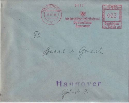 DR - Hannover 1936 3 Pfg. AFS "DAF Gauverwaltung" Ortsdrucksachenbrief