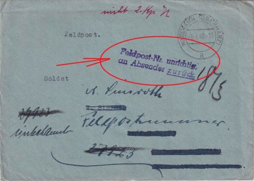 DR - Wildemann 1940 Feldpostbrief n. Hannover Weiterleitung FpNr. 27923 Retour