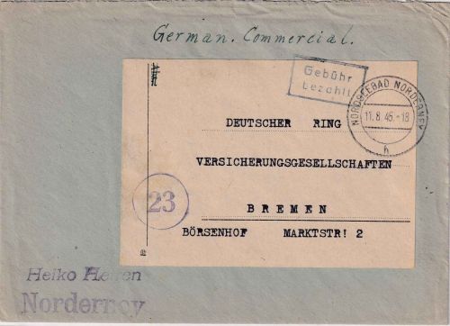 All.Bes. - Nordseebad Norderney 11.8.45 ra2 Gebühr bezahlt Brief n. Bremen