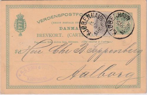 Dänemark - 5 Ö. Ganzsache+Zusatz Kopenhagen - Aalborg 1888