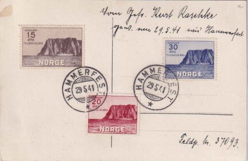 Norwegen - 30+20+15 Ö. Nordkap Hammerfest 29.5.41 Blankokarte dt. Fp.Nr. 37093