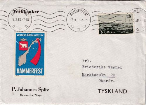 Norwegen - 25 Ö. Geophysik. Jahr Drucksachenbrief Hammerfest - Marktzeuln 1958