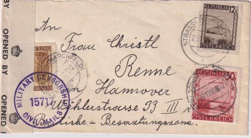 Österreich - 30+12+8g Landschaften Zensurbrief Strasshof - Hannover 26.11.46