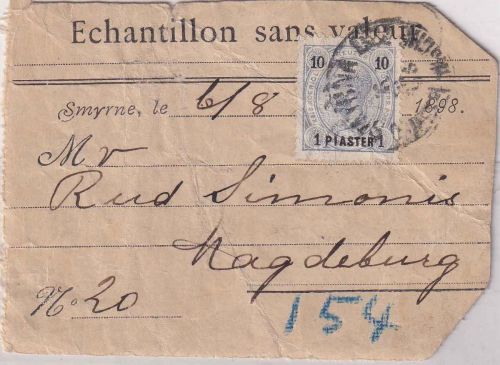 Österreich/Levante - 1 Pia/10 Kr. Muster ohne Wert-Vds. Smyrna - Magdeburg 1898