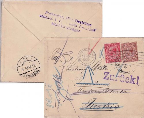England - 1+1 1/2 P. George V. Brief n. ÖSTERREICH Paddington - Innsbruck 1929