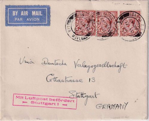 England - 3x1 1/2 P. George V. Luftpostbrief London - Stuttgart 1930