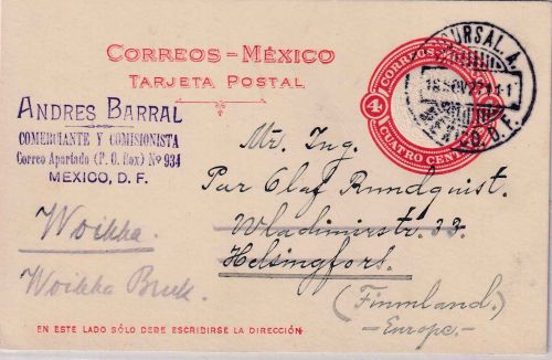 Mexiko - 4 P. Ganzsachenkarte n. FINNLAND Mexico DF - Helsingfors 1927