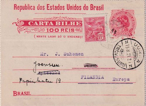 Brasilien - 100 R. GA-Kartenbrief+Zusatz n. FINNLAND Pelotas - Uuraa 1921