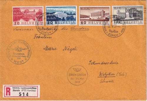 Schweiz - Swissair Europaflug Zürich/London Einschreibebrief 22.5.39