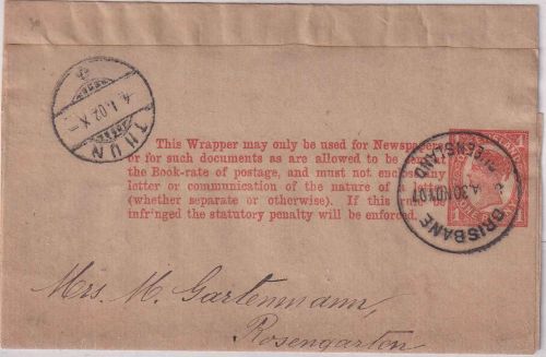 Queensland - 1 P. Vistocia Ganzsachen-Streifband i.d. SCHWEIZ Brisbane Thun 1901