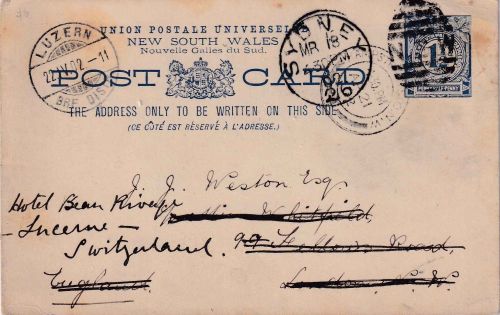 New South Wales - 1 1/2 P. Ganzsachenkarte n. ENGLAND Sydney 1920 Weiterleitung