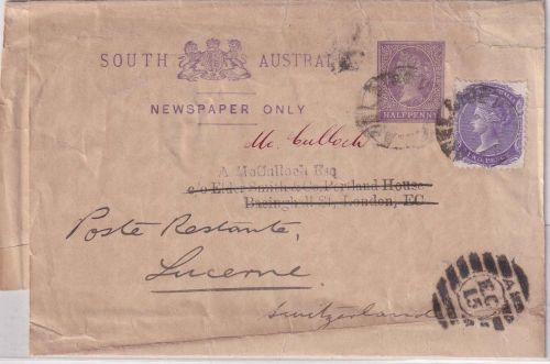 South Australia - 1/2 P. GA-Streifband+Zusatz n. ENGLAND Adelaid Weiterleitung