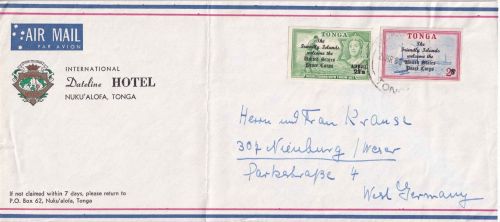Tonga - 21+2 S. Friedenskorps Luftpostbrief Nuku'Alofa - Nienburg 1968