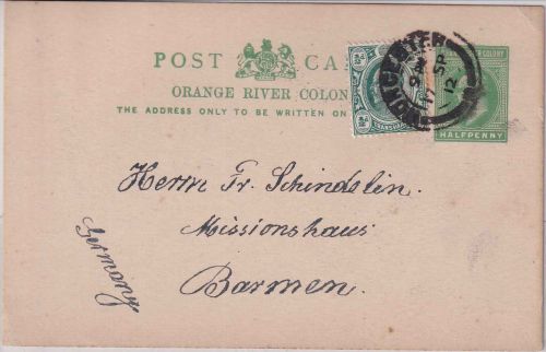 Transvaal - 1/2 P. Grand river colony Ganzsache+Zusatz Worcester - Barmen 1912