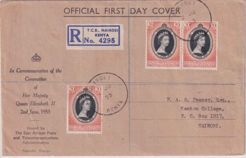 Ostafrik. Gemeinschaft - 3x20 C. Krönung Elisabeth Einschreibebrief/FDC 1953