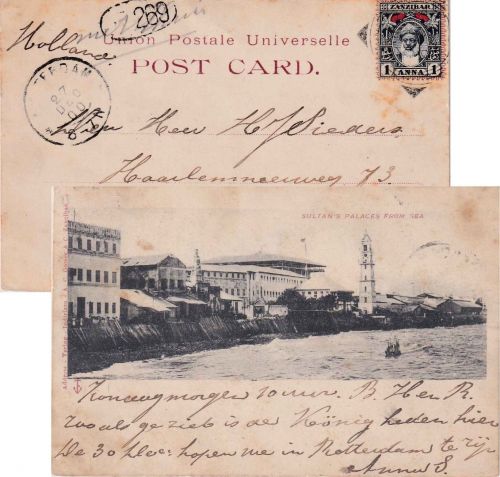 Zanzibar - 1 A. Sultan Karte n. HOLLAND Zanzibar - Amsterdam 1900