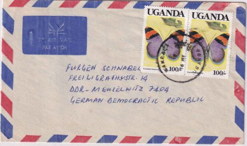 Uganda - 2x100 Sh. Schmetterling Luftpostbrief Kampala - Meuselwitz 1990