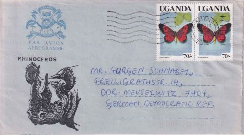 Uganda - 2x70 Sh. Schmetterling Aerogramme Kampala - Meuselwitz 1990