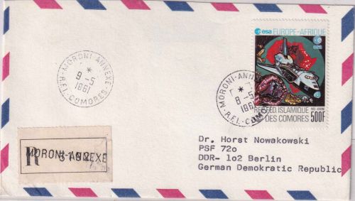 Komoren - 500 Fr. Spaceshuttle Luftpost-Einschreibebrief Moroni Annexe 1981