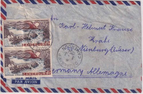 Kamerun - 2x15 Fr. Edea Staudamm Luftpostbrief Douala - Nienburg 1954