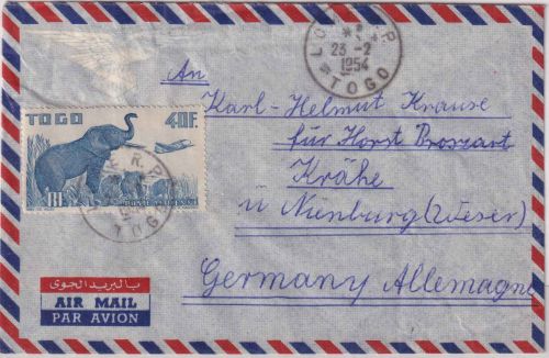 Togo - 40 Fr. Elefant u.a. Luftpostbrief Lome - Nienburg 1954
