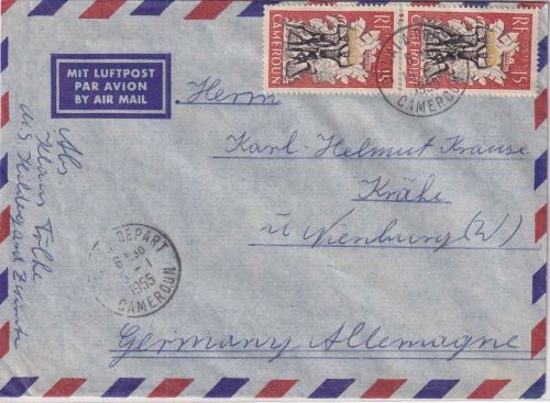 Kamerun - 2x15 Fr. Bananenernte Luftpostbrief Douala - Nienburg 1955