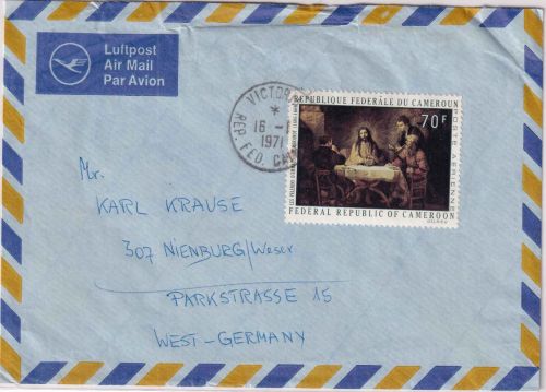 Kamerun - 70 Fr. Rembrandt Gemälde Luftpostbrief Victoria - Nienburg 1971