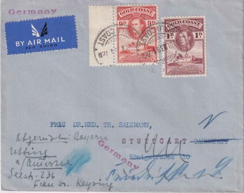 Goldküste - 9+1 P. Freimarken Luftpostbrief Accra - Stuttgart 26.7.39 Weiterltg.