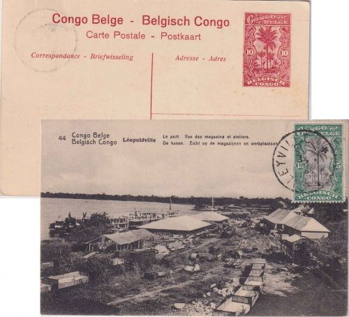 Belg. Kongo - 10 C. Bildganzsache Leopoldville Hafen + Zusatz 1922
