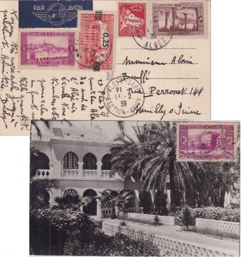 Algerien - 40 C. Freimarke u.a. Luftpostkarte n. FRANKREICH Alger Gare 1939