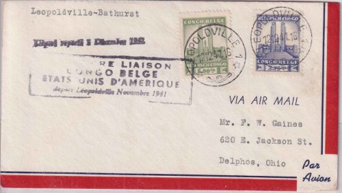 Belgisch Kongo - PAA Erstflug Leopoldville Bathurst Luftpostbrief 1941