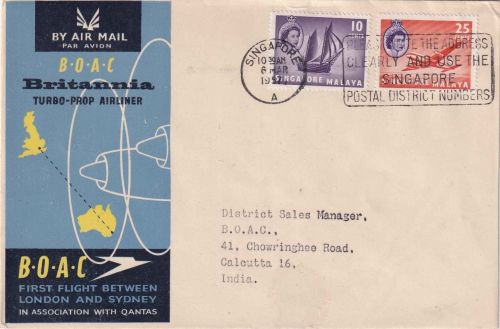 Singapur - BOAC Firstflight Singapore/Calcutta Luftpostbrief 1957