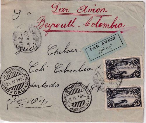 Libanon - 2x25 Pia. Flugpost ua. Luftpostbrief n. KOLUMBIEN Beyrouth - Cali 1932