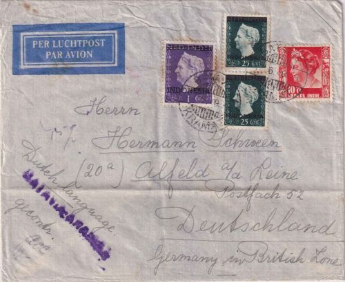 Indonesien - 1 G. Wilhelmine/Überdruck u.a. Luftpostbrief Batavia - Alfeld 1949