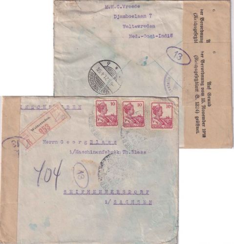 Niederl. Indien - 3x10 C. Wilhelmine Einschreibebrief Weltevreden 1921 Zensur