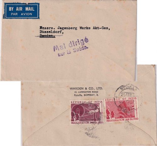 Indien - 12+2 A. Inauguration Luftpostbrief n. SCHWEDEN Byculla 1950 Fehlleitung