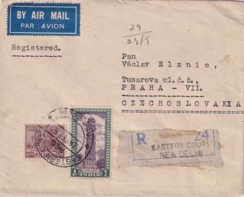 Indien - 1 R. Freimarke u.a. Luftpost-Einschreibebrief i.d. CSSR New Dehli 1952