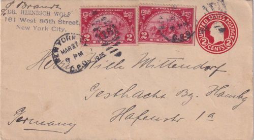 USA - 2 C. Ganzsachenumschlag + Zusatz New York - Geesthacht 1925