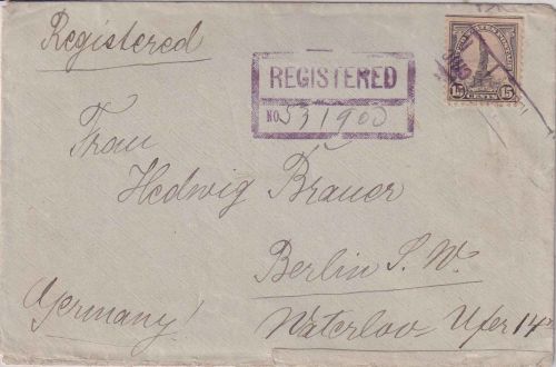 USA - 15 C. Freiheitsstatue Einschreibebrief Ra2 Chicago - Berlin 1924